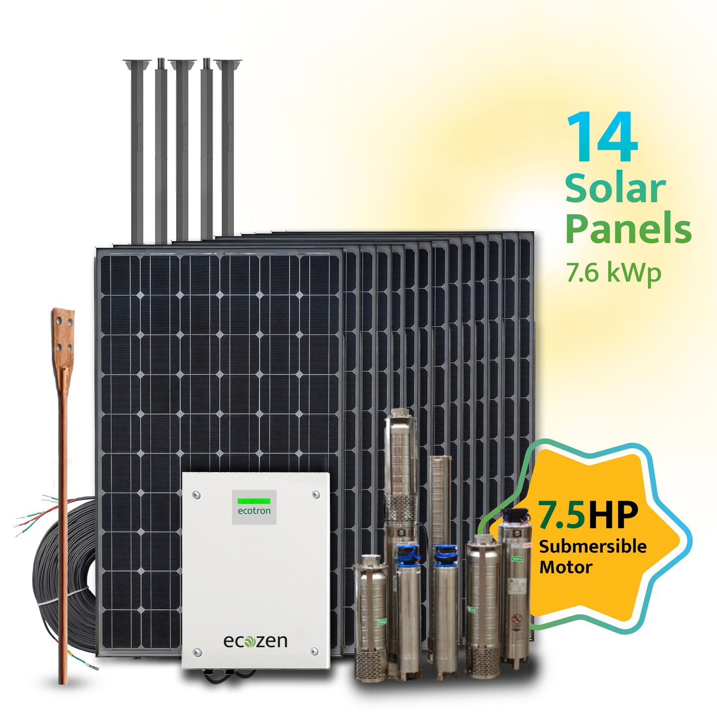 Ecotron Solar Pump Set - 7.5 HP Submersible AC Motor - 14 Panels | 20 Meters Head