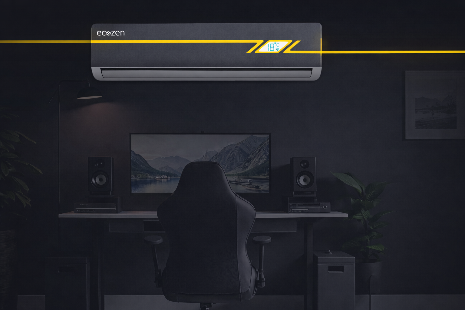 Ecozen Smart AC overview showing solar compatibility, cooling performance, and key features.