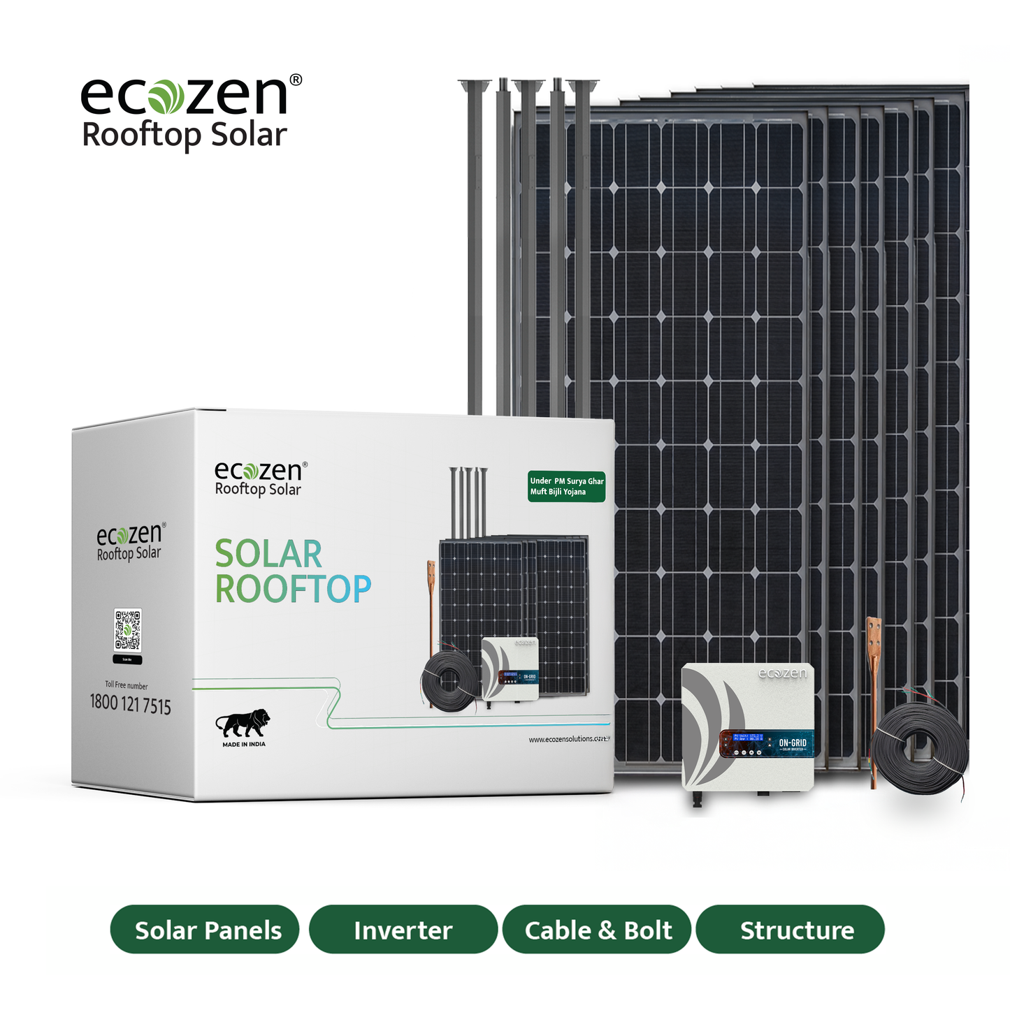 Ecozen rooftop Solar Kit | On-Grid Solar System – 3kW / 4kW / 5kW (TATA, Adani, Premier Panels)