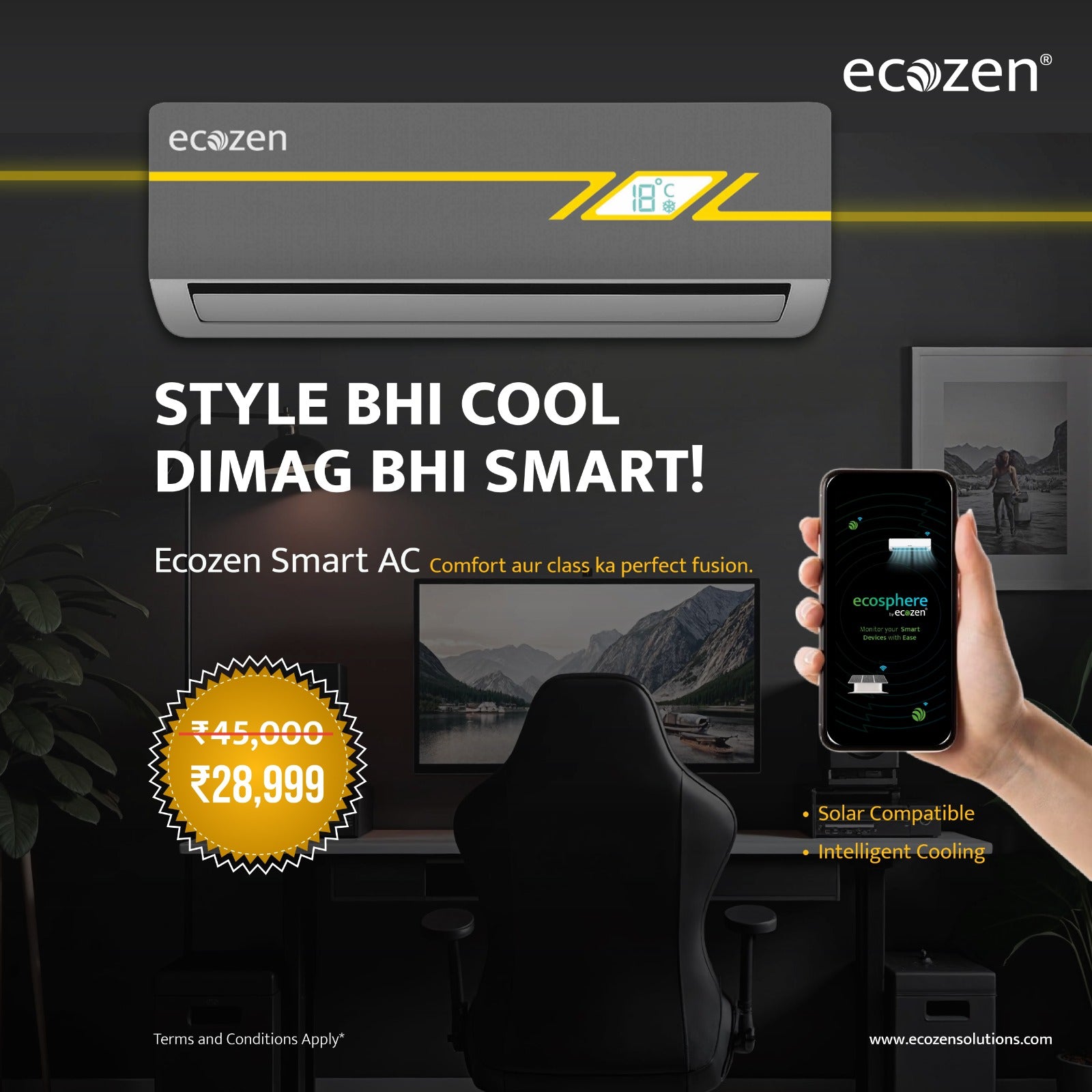 Ecozen Solar AC (1.5 Tons AC, 3 kW Solar, Hybrid Inverter, Direct drive)